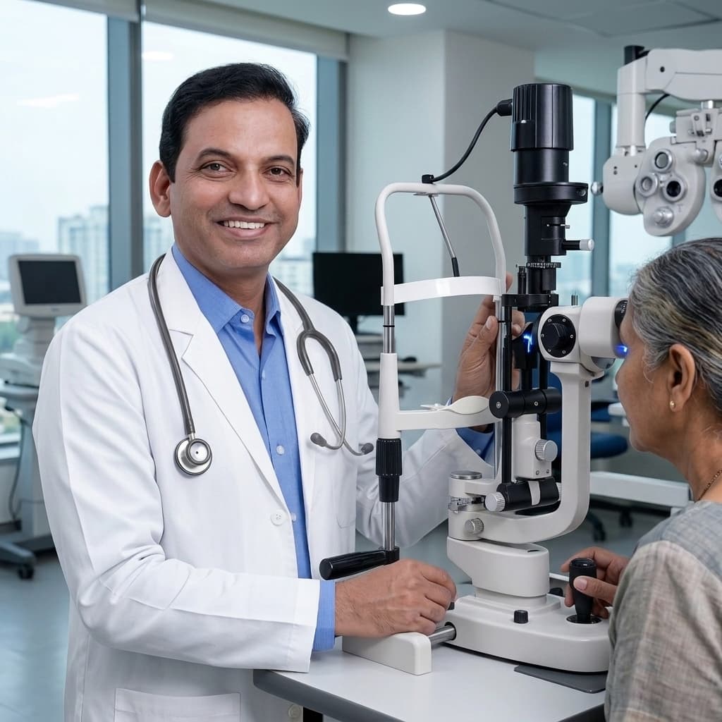 Dr. Y. Singh Performing High-Precision Slit Lamp Examination at Sangam Eye Hospital