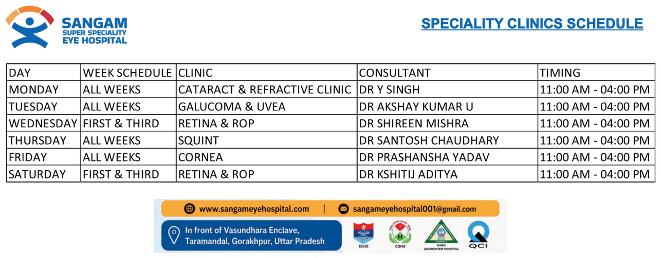 Sangam Eye Hospital Speciality Clinics & Doctor Timings Full Schedule Table